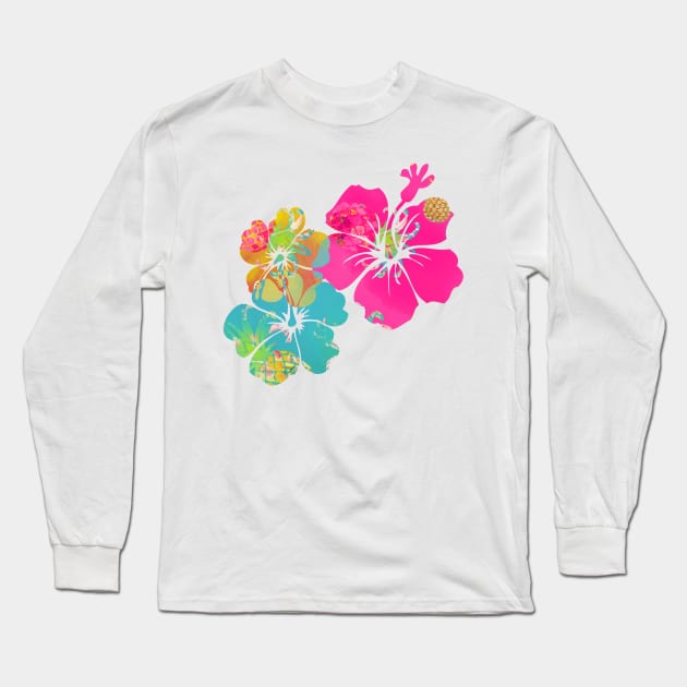 PixDezines Aloha Pink Hibiscus, Aqua+Yellow Long Sleeve T-Shirt by PixDezines